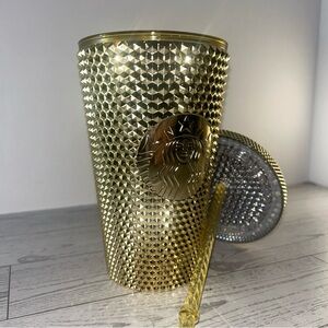 Starbucks Gold Studded Tumbler with Gold Straw New!